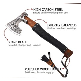Qureshi Handmade Engraved High Carbon Steel Camping Axe - Gardening and Outdoor Survival Hatchet Axe, Viking Throwing Axe with Leather Sheath - Wood Axe with Anti-Slip Handle's Grip