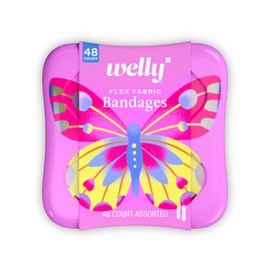 Welly Bandages | Adhesive Flexible Fabric Bravery Badges | Assorted Shapes for Minor Cuts, Scrapes, and Wounds | Colorful and Fun First Aid Tin | Butterfly Patterns - 48 Count