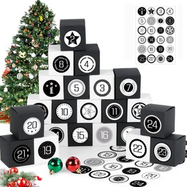 Advent Calendar for Filling, 24 Boxes for Filling, DIY Advent Calendar, Advent Calendar, Gift Boxes with Number Stickers Stars, Advent Calendar for Filling Yourself, Black and White