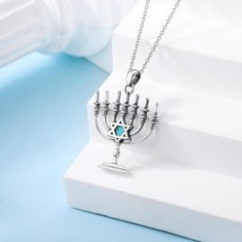 BETHZA Menorah Necklace 925 Sterling Silver Real Turquoise Gemstone Star of David Pendant Jewish Religious Jewelry for Women, Small, Sterling Silver, Turquoise