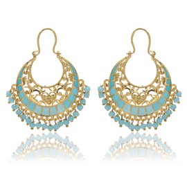 Moonstruck Traditional Indian Chandbali Kundan Hoop Earrings With Pearls for Women (Green Blue)