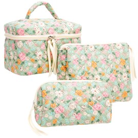 PAZIMIIK 3PCS Makeup Bag SET Large Travel Quilted Zipper Soft Cosmetic Case Pouch for Women Girls Make Up,Green Flower