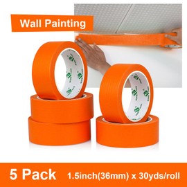 BOMEI PACK 1.5 Inch Wide Masking Tape, Orange Painters Tape 5 Rolls x 1.5 inch x 30 Yards (150 Total Yards) Residue-Free Painting Tape for Labeling, DIY Crafting, Decoration and School Projects