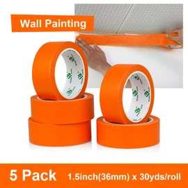 BOMEI PACK 1.5 Inch Wide Masking Tape, Orange Painters Tape 5 Rolls x 1.5 inch x 30 Yards (150 Total Yards) Residue-Free Painting Tape for Labeling, DIY Crafting, Decoration and School Projects