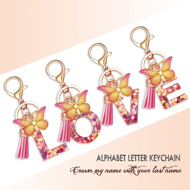 JINGUAZI Initial letter Keychains for Women Tassel Butterfly Pink Cute