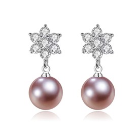 Salanda Pearl Earrings for Women,CZ Pearl Dangle Earrings 18K White Gold Plated Hypoallergenic Earrings Pearl Drop Earrings Purple 10mm
