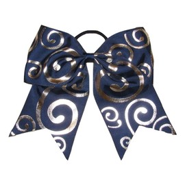 "Silver Swirl Navy Blue" Cheer Bow Pony Tail Ribbon Hair Bows Cheerleading