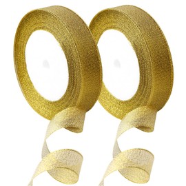 2 Pack Gold Organza Christmas Ribbon,25 Yards 20mm Wide Glitter Trimmings Decorative Wrapping Ribbons for Christmas Thanksgiving Gift,Crafts