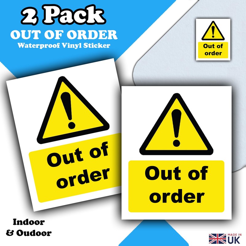 2-Pack Out of Order Vinyl Sticker Sign Labels -Waterproof sticker