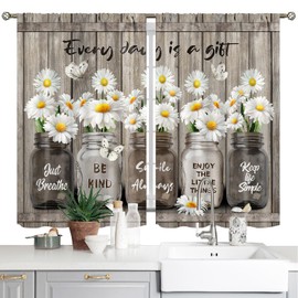 Yirasnezy Farmhouse Floral Kitchen Curtains Butterfly Daisy Flower Rustic Vintage Inspirational Small Short Cafe Window Curtains Wooden Country Quotes Bathroom Tier Window Treatment Drapes 28x39 Inch