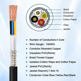 MOOKEERF 18/4 Shielded Wire CNC Wire 30FT,18AWG 4 Conductor Shielded Chain CNC Wire Pure Copper Core 18 Gauge Speaker Wire for CNC Router Machine,CNC VFD Spindle,3D Printer,Stepper Motor,Transformer