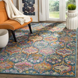 SAFAVIEH Madison Collection Area Rug - 6' x 9', Blue & Orange, Boho Chic Damask Design, Non-Shedding & Easy Care, Ideal for High Traffic Areas in Living Room, Bedroom (MAD144A)