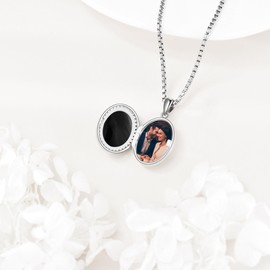 YAFEINI Silver Locket Chain Opal Locket Sterling Silver Photo Necklace Opal Memorial Jewellery Gifts for Women, Mothers and Wives, Sterling Silver, Onyx