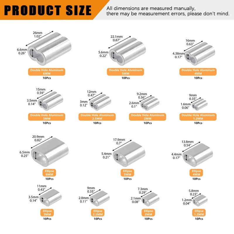 Rustark 140Pcs 7 Sizes Aluminum Crimping Loop Sleeve Assortment Kit