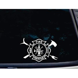 Fire and Rescue Maltese w Axe and Halligan - 8 1/4" x 5 1/8" die Cut Vinyl Decal for Windows, Cars, Trucks, Tool Boxes, laptops - virtually Any Hard, Smooth Surface. NOT Printed! Made in The USA
