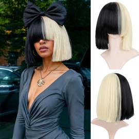 Half Blonde and Black Wig 2 Tone Hair Short Straight Cosplay Wig for Women Halloween Costume