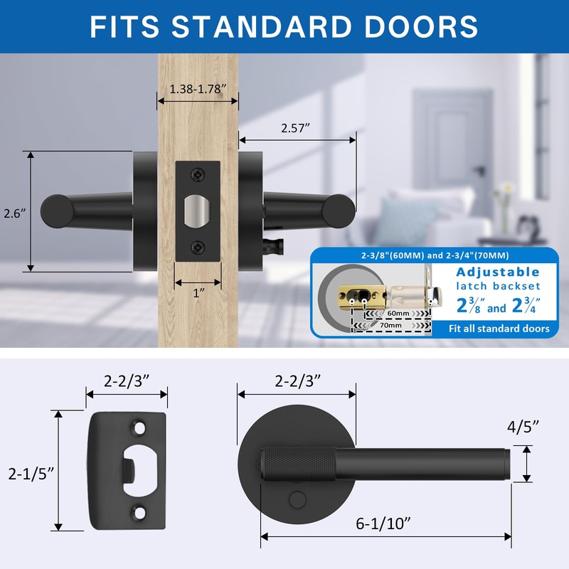 Amerdeco 3 Pack Matte Black Door Handles Interior,Knurled Privacy Door