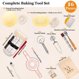 16-Piece sourdough bread baking supplies Set - Foldable Silicone banneton bread proofing basket (Round & Oval) - proofing basket with sourdough tools & jar - Ideal for Home & Pro Bakers