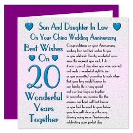 Son & Daughter In Law 20th Wedding Anniversary Card - On Your China Anniversary - 20 Years - Sentimental Verse
