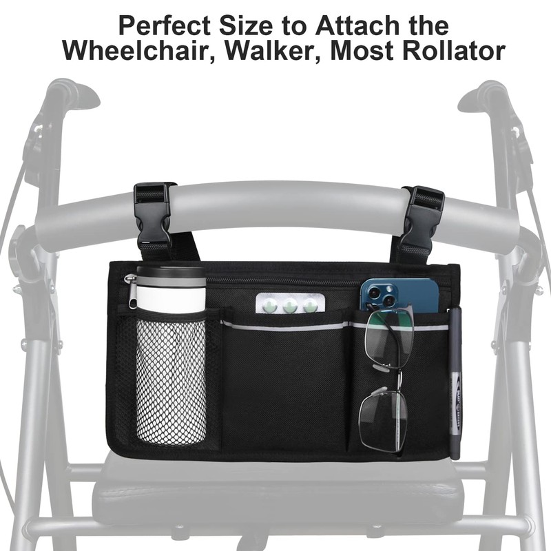 Wheelchair Side Organizer Storage Bag Armrest Pouch with Cup Holder