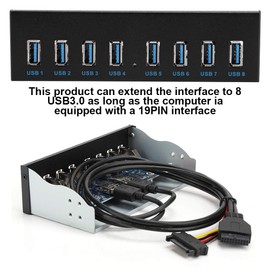 Panel Frontal Hub USB 3.0 de 8 Puertos, de 19 Pines a 8 Puertos Hub USB 3.0 para PC, Concentrador de 8 Puertos Extensión de Unidad óptica Adaptador de Panel Frontal para PC Caja de Computadora Bahía F