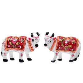 Minakari Traditional Indian Rajasthani Décor Hand Painted Statue Sculpture Diwali Christmas Festive Decoration Showpiece for Table Home Office and Gifting (Set of 2 White Cows)