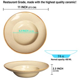 jinsongdafa Pasta Plates with Rim 12 oz, Soup Bowl Pasta Bowl Set of 2, Shallow Bowl Plate, Ceramic Wide Rimmed Soup Bowl, Best choice for high-end restaurants, hotels, and foodies,11 Inch Beige