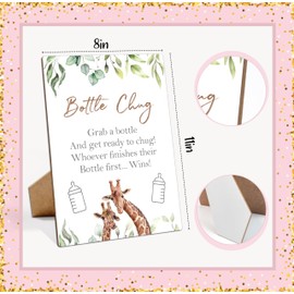 Baby Shower Games Bottle Chug Sign-8x11 Inches Woodland Giraffe Wooden Sign Baby Gift for Baby Shower Gender Reveal Party, Gender Neutral Baby Bottle Shower Party Games Favors Supplies-18