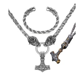 VikingsBrand 3PCS Viking Amulet Protection Pendant Necklace for Men, Wolf Bracelet - Norse Mythology Gift