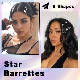 Nogeqi 10PCS Cute Star Hair Clips Y2k Accessories, Silver Punk Kawaii Hair Snap Clips, 2000s Metal Snap Barrettes for Women (8 Shapes)