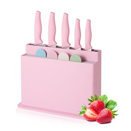 Knife Block Set,10 Piece Pink Knife Set & Cutting Board Set with Block,Sharp Stainless Steel Cooking Knife Set for Kitchen,Color-Coded Plastic Chopping Boards with Food Icons,New Home Gift (Pink)