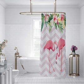 OERJU 48x72inch Pink Flamingo Shower Curtain Cute Tropical Animal Colorful Floral Green Leaf Botany White Stripe Arrows Base for Bathroom Decor Fabric Polyester Shower Curtain Liner with Hooks