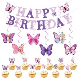 Butterfly Birthday Party Decorations Set, 19 Pieces, Purple and Pink Banner with Hanging Swirls and Cupcake Toppers