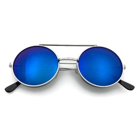 grinderPUNCH Vintage Steam Punk Round Flip Up Sunglasses for Men and Women Retro Metal Frame (Silver Frame, Blue Mirrored Lens)