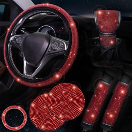 Cachpib 7 Pcs Bling Car Accessories Set for Women, Bling Steering Wheel Cover for Women, Cute Car Accessories Set with Safety Belt Covers Gear Shift Cover Cup Pads Start Button Rings, red