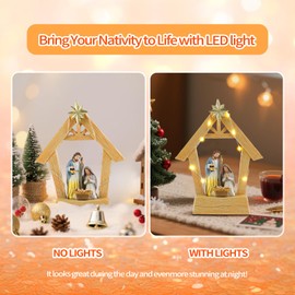 7.5" Nativity Scene with Lights - Hand Painted Nativity Sets Resin Figure, First Christmas Story Decoration Holy Family Manger Little People Nativity Set for Indoor Mantle Shelf Tabletop