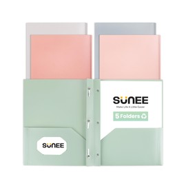 SUNEE Pocket Folders with Prongs(5 Pack, Vintage Colors) Recycled Plastic Folders with Pockets and Prongs Fit Letter Size, Poly Folders with Pockets for School Office Home