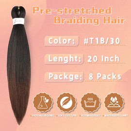 Ombre Brown Braiding Hair Pre Stretched 20 Inch 8 Packs Professional Synthetic Braiding Hair for Box Braids/Twists/Crochet Braids No Itch Hot Water Setting Soft Yaki Texture (1B/30#)