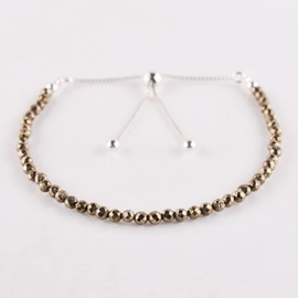 A+ Natural Golden Pyrite Gemstone Bolo Bracelet, Micro-Faceted Beads, Energy Stones, Healing Crystals, Silver Plated, Adjustable Slider, Birthday, Gemstones Jewelry, Women Valentine Gift, 10"