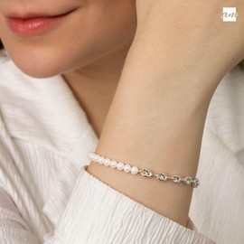 Amberta Italian 925 Sterling Silver Pearl Bracelet for Women | Synthetic Half Pearl Half Chain Bracelet, Dainty Stackable Wedding Bridesmaids Gifts Link Adjustable Size, Pearl