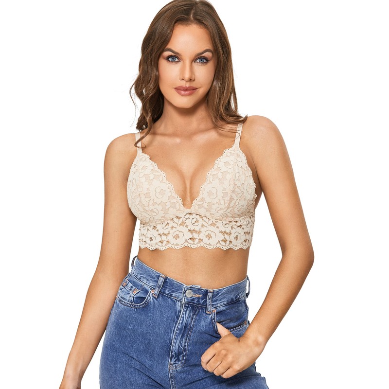 Dobreva Women's Lace Bralette, Removable Pads, Non-Wired Triangle Bra -