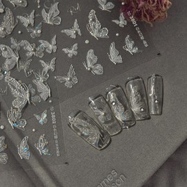 Butterfly Nail Art Stickers White Butterfly Nail Decals 5D Embossed Nail Stickers Shell Light Butterflies Nail Art Supplies with Crystal Diamond Spring Summer Manicure Decoration for Women 1 Sheet