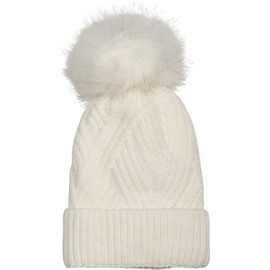 styleBreaker Ladies Knitted Pom Pom Hat with Ribbed Pattern and Fleece Lining, Winter Fur Pom Pom Hat 04024167 - Beanie cream / white