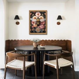 Framed Vintage 3D Textured Wall Art - Dark College Bee Flowers Wall Decor - Hand Drawn Sandstone Nature Botanical Pictures for Living Room Bedroom Home Decor 16x24 inches