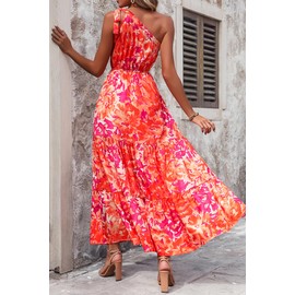 PRETTYGARDEN Women's Summer Floral Maxi Dress Knot One Shoulder Sleeveless Ruffle Flowy Boho Beach Wedding Guest Dresses (Orange Rose Red Big Floral,XX-Large)