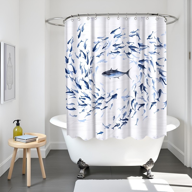 FuShvre Fish Shower Curtain Navy Blue Bathroom Curtains Coastal Bathroom