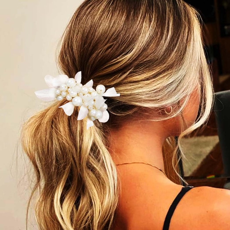 Fashey Pearl Hair Tie Elastic Ponytail Holders White Beaded Hair