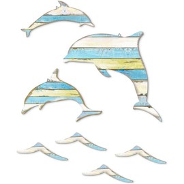Maritime Decorative Set of 3 Dolphin Wall Decoration with 4 Wave Pattern Wooden Wall Decoration, Dolphin Wall Decoration Made of Natural Wood, Hanging for Home, Indoor, Outdoor, Patio, Porch, Office