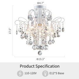WUZUPS Crystal Chandelier Flushmount Ceiling Light Modern Lighting Fixture for Bedroom Hallway Bar Kitchen Bathroom, H 17.5'' x W 19.3'', E12 Base, White