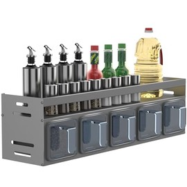 Soontrans Wall Spice Rack, 40 x 10.7 x 12.3 cm, Kitchen Shelf Wall with 5 Spice Boxes, Spice Rack, No Drilling Metal, Spice Rack, Hanging Spice Organiser for Kitchen, Worktop, Cabinet